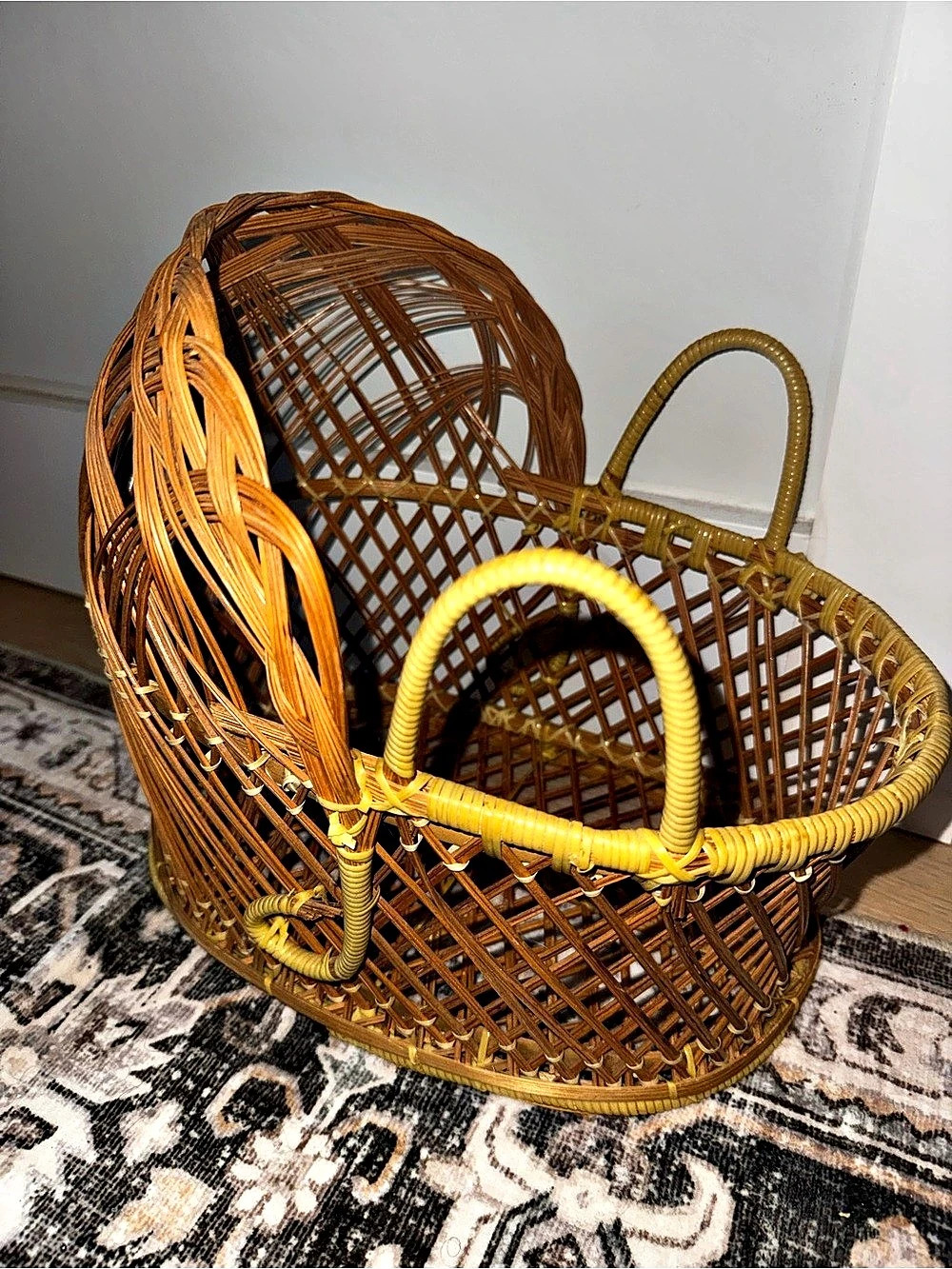 Vintage Woven Basket Tote in Brown & Yellow
